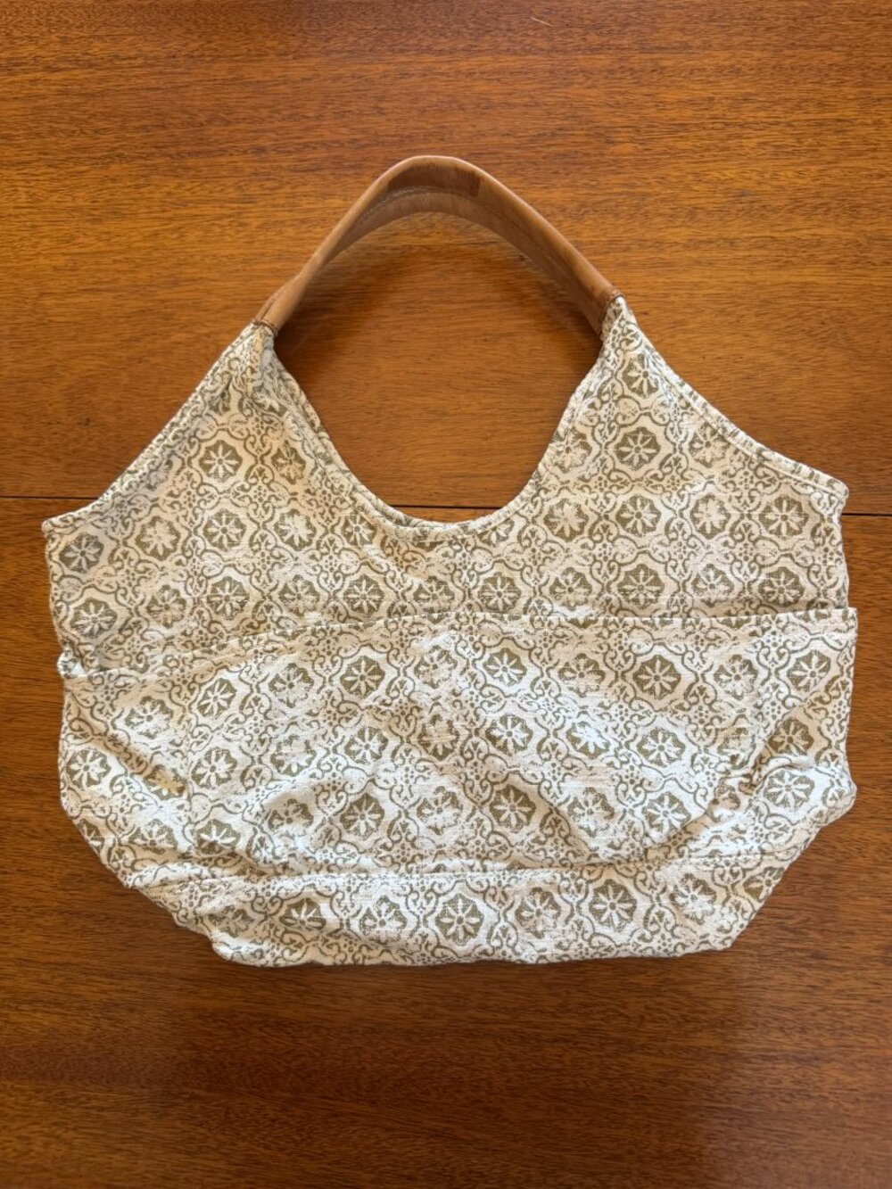 Boho Floral Hobo Shoulder Bag Cream Olive Fabric Slouchy Tote Tan Handles
